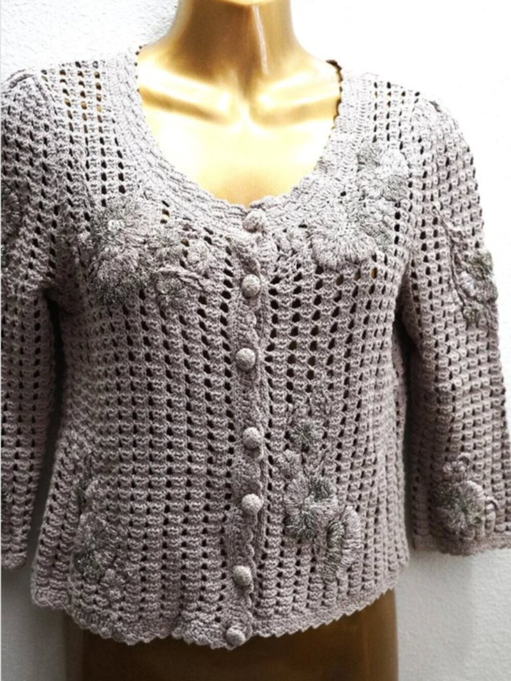 Inc Taupe Crocheted Cardigan Sweater size M